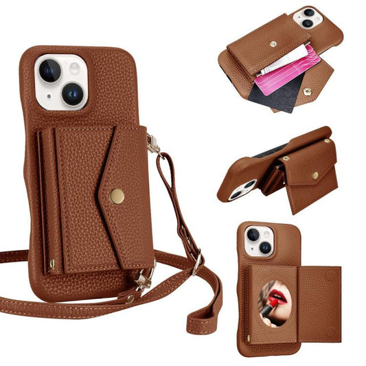 For iPhone 15 Plus Litchi Texture Horizontal Card Bag Holder Phone Case with Long Lanyard(Brown) - iPhone 15 Plus Cases by buy2fix | Online Shopping UK | buy2fix