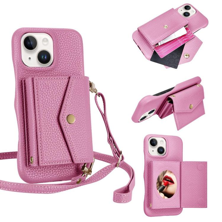 For iPhone 15 Plus Litchi Texture Horizontal Card Bag Holder Phone Case with Long Lanyard(Pink) - iPhone 15 Plus Cases by buy2fix | Online Shopping UK | buy2fix