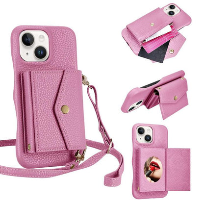 For iPhone 15 Plus Litchi Texture Horizontal Card Bag Holder Phone Case with Long Lanyard(Pink) - iPhone 15 Plus Cases by buy2fix | Online Shopping UK | buy2fix