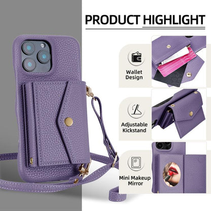 For iPhone 15 Plus Litchi Texture Horizontal Card Bag Holder Phone Case with Long Lanyard(Purple) - iPhone 15 Plus Cases by buy2fix | Online Shopping UK | buy2fix