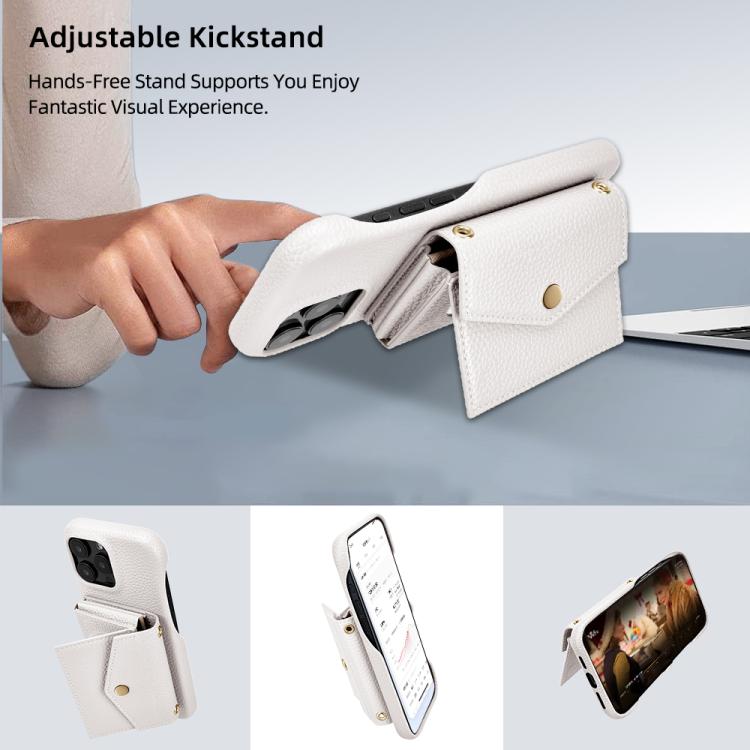 For iPhone 15 Plus Litchi Texture Horizontal Card Bag Holder Phone Case with Long Lanyard(White) - iPhone 15 Plus Cases by buy2fix | Online Shopping UK | buy2fix