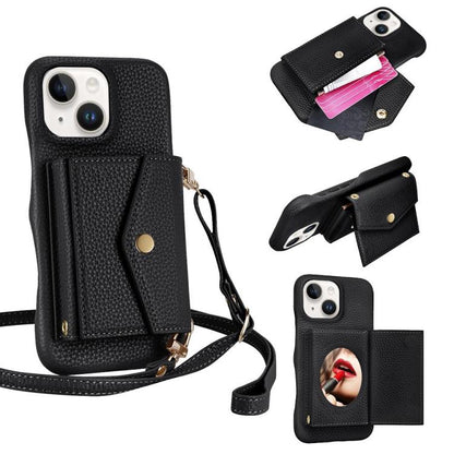 For iPhone 15 Litchi Texture Horizontal Card Bag Holder Phone Case with Long Lanyard(Black) - iPhone 15 Cases by buy2fix | Online Shopping UK | buy2fix