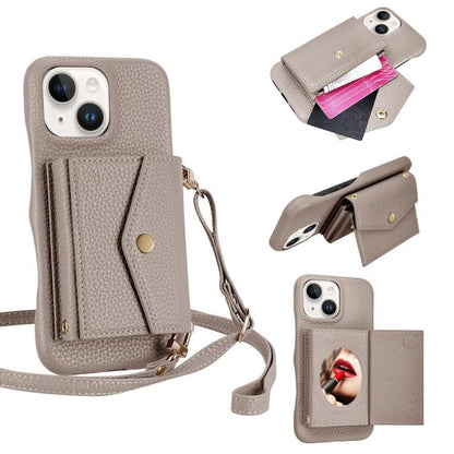 For iPhone 15 Litchi Texture Horizontal Card Bag Holder Phone Case with Long Lanyard(Grey) - iPhone 15 Cases by buy2fix | Online Shopping UK | buy2fix