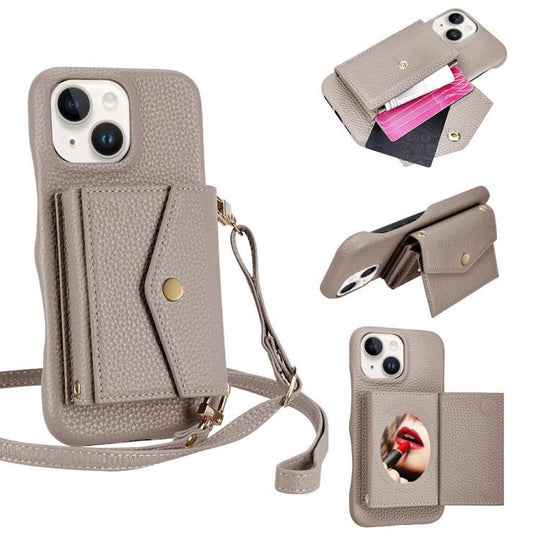 For iPhone 15 Litchi Texture Horizontal Card Bag Holder Phone Case with Long Lanyard(Grey)