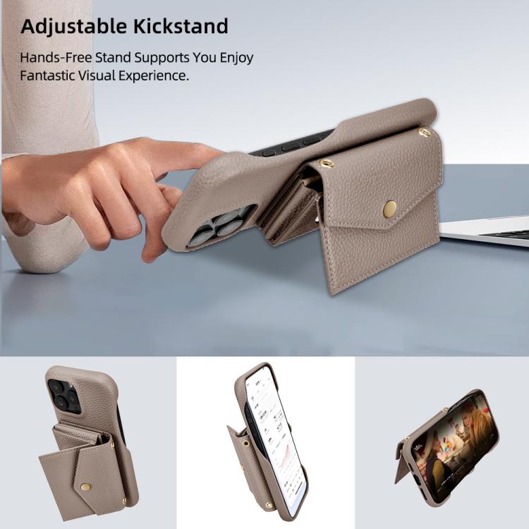 For iPhone 15 Litchi Texture Horizontal Card Bag Holder Phone Case with Long Lanyard(Grey) - iPhone 15 Cases by buy2fix | Online Shopping UK | buy2fix
