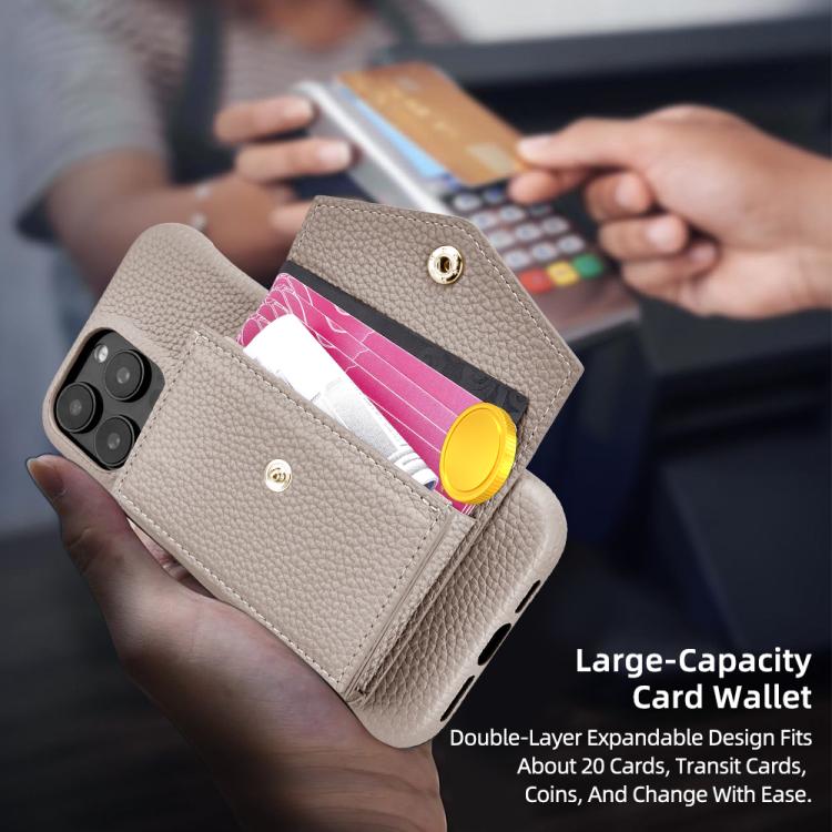 For iPhone 15 Litchi Texture Horizontal Card Bag Holder Phone Case with Long Lanyard(Grey) - iPhone 15 Cases by buy2fix | Online Shopping UK | buy2fix