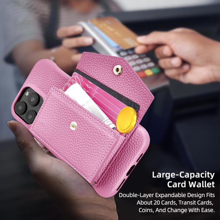 For iPhone 15 Litchi Texture Horizontal Card Bag Holder Phone Case with Long Lanyard(Pink) - iPhone 15 Cases by buy2fix | Online Shopping UK | buy2fix