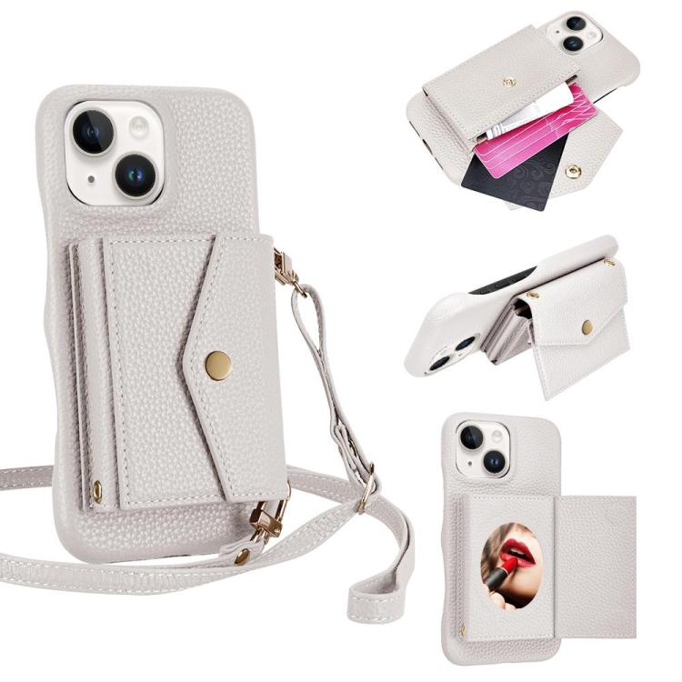 For iPhone 15 Litchi Texture Horizontal Card Bag Holder Phone Case with Long Lanyard(White) - iPhone 15 Cases by buy2fix | Online Shopping UK | buy2fix
