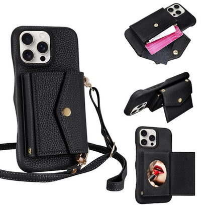 For iPhone 14 Pro Max Litchi Texture Horizontal Card Bag Holder Phone Case with Long Lanyard(Black) - iPhone 14 Pro Max Cases by buy2fix | Online Shopping UK | buy2fix