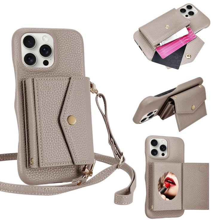 For iPhone 14 Pro Max Litchi Texture Horizontal Card Bag Holder Phone Case with Long Lanyard(Grey) - iPhone 14 Pro Max Cases by buy2fix | Online Shopping UK | buy2fix
