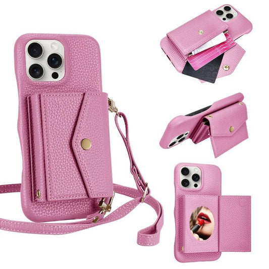 For iPhone 14 Pro Max Litchi Texture Horizontal Card Bag Holder Phone Case with Long Lanyard(Pink) - iPhone 14 Pro Max Cases by buy2fix | Online Shopping UK | buy2fix