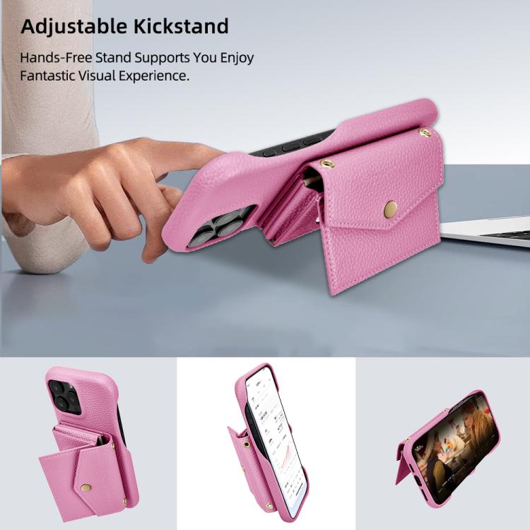 For iPhone 14 Pro Max Litchi Texture Horizontal Card Bag Holder Phone Case with Long Lanyard(Pink) - iPhone 14 Pro Max Cases by buy2fix | Online Shopping UK | buy2fix