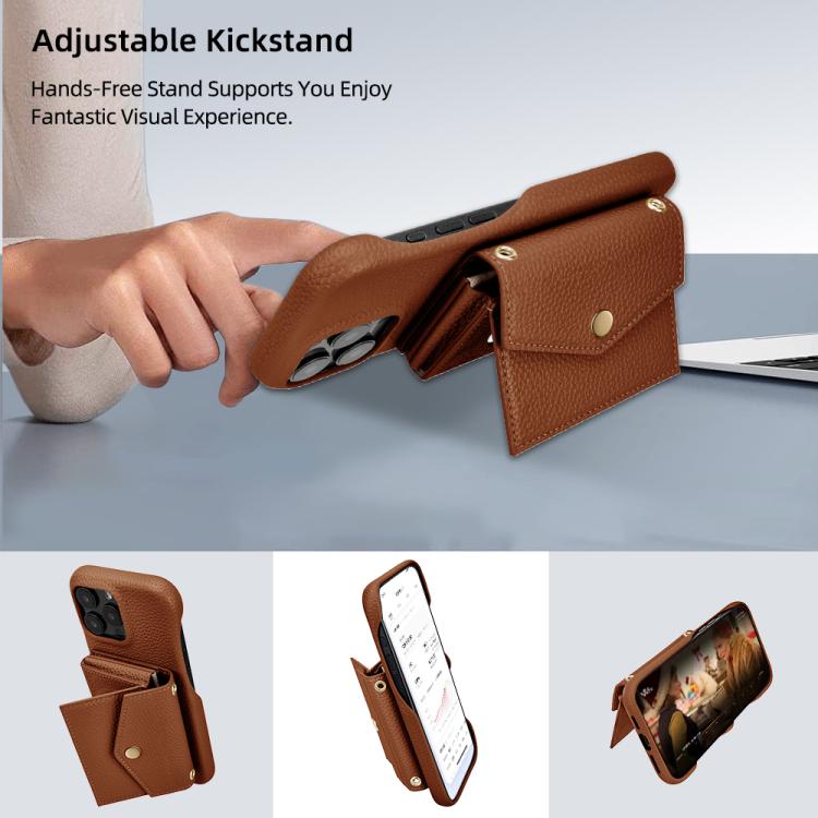 For iPhone 14 Pro Litchi Texture Horizontal Card Bag Holder Phone Case with Long Lanyard(Brown) - iPhone 14 Pro Cases by buy2fix | Online Shopping UK | buy2fix