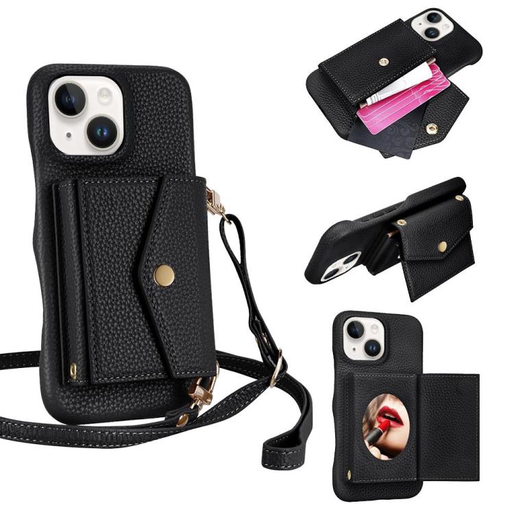 For iPhone 14 Plus Litchi Texture Horizontal Card Bag Holder Phone Case with Long Lanyard(Black) - iPhone 14 Plus Cases by buy2fix | Online Shopping UK | buy2fix
