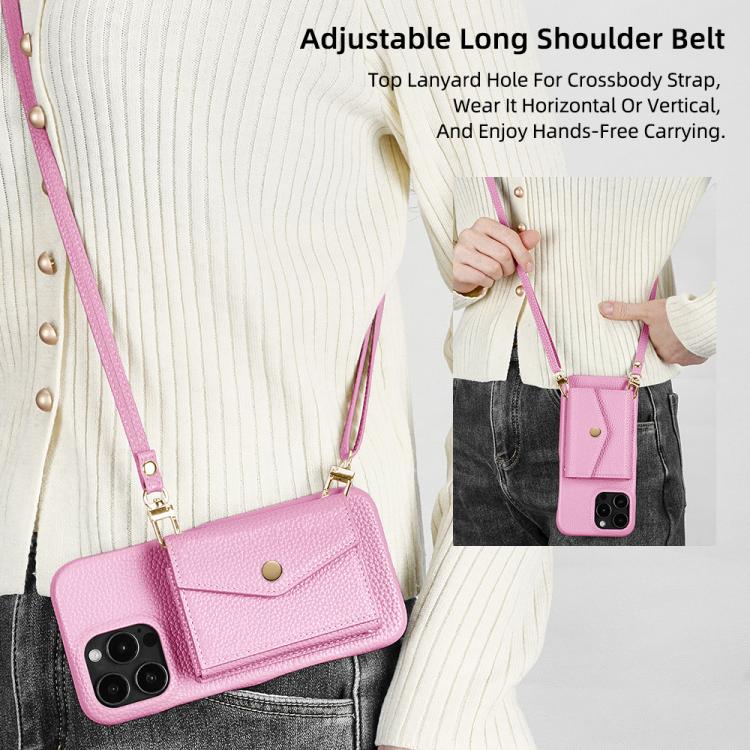 For iPhone 14 Plus Litchi Texture Horizontal Card Bag Holder Phone Case with Long Lanyard(Pink) - iPhone 14 Plus Cases by buy2fix | Online Shopping UK | buy2fix