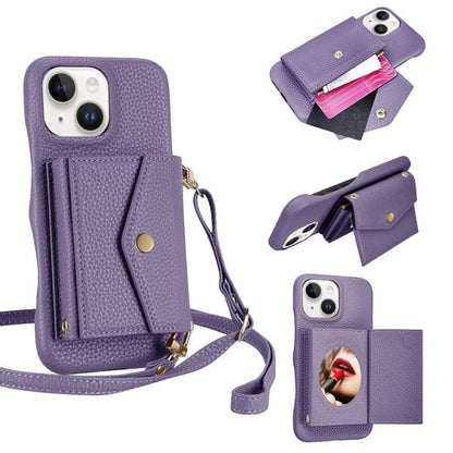 For iPhone 14 Plus Litchi Texture Horizontal Card Bag Holder Phone Case with Long Lanyard(Purple) - iPhone 14 Plus Cases by buy2fix | Online Shopping UK | buy2fix