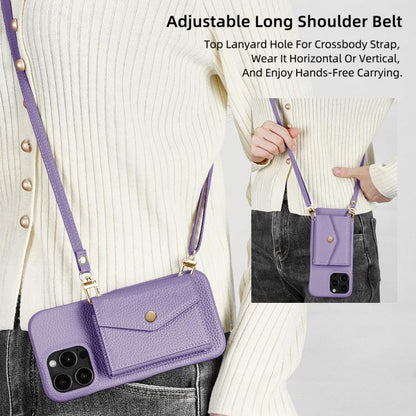 For iPhone 14 Plus Litchi Texture Horizontal Card Bag Holder Phone Case with Long Lanyard(Purple) - iPhone 14 Plus Cases by buy2fix | Online Shopping UK | buy2fix