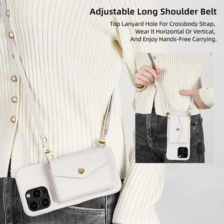 For iPhone 14 Plus Litchi Texture Horizontal Card Bag Holder Phone Case with Long Lanyard(White) - iPhone 14 Plus Cases by buy2fix | Online Shopping UK | buy2fix