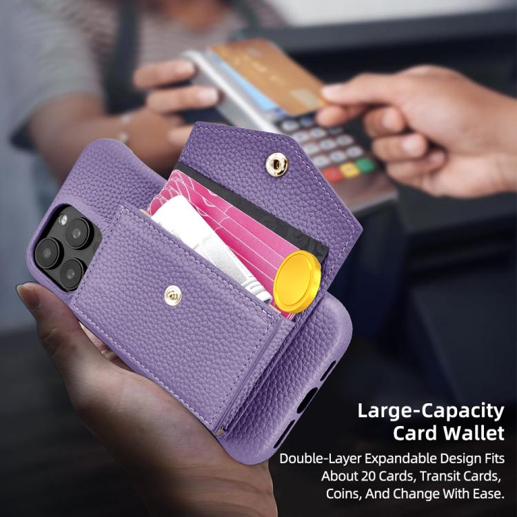 For iPhone 14 / 13 Litchi Texture Horizontal Card Bag Holder Phone Case with Long Lanyard(Purple) - iPhone 14 Cases by buy2fix | Online Shopping UK | buy2fix