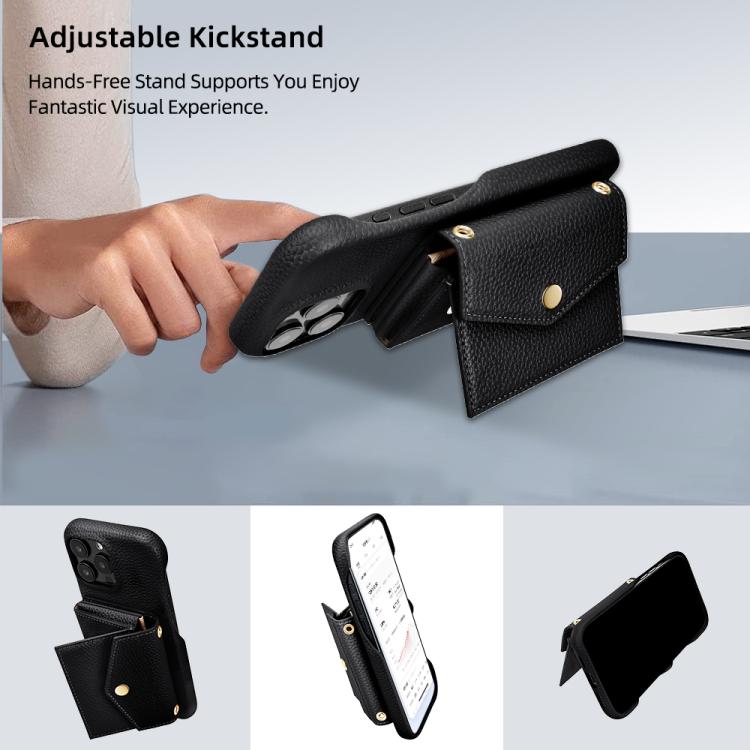 For iPhone 13 Pro Litchi Texture Horizontal Card Bag Holder Phone Case with Long Lanyard(Black) - iPhone 13 Pro Cases by buy2fix | Online Shopping UK | buy2fix