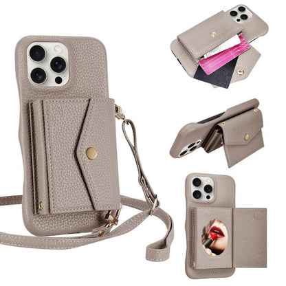 For iPhone 13 Pro Litchi Texture Horizontal Card Bag Holder Phone Case with Long Lanyard(Grey) - iPhone 13 Pro Cases by buy2fix | Online Shopping UK | buy2fix