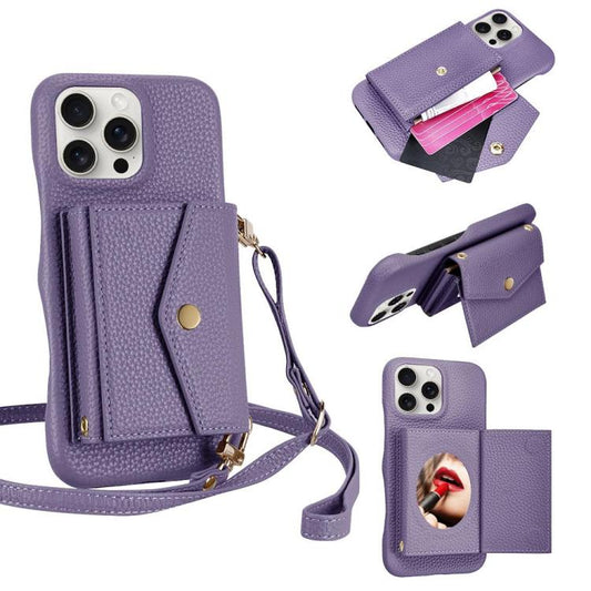 For iPhone 13 Pro Litchi Texture Horizontal Card Bag Holder Phone Case with Long Lanyard(Purple) - iPhone 13 Pro Cases by buy2fix | Online Shopping UK | buy2fix