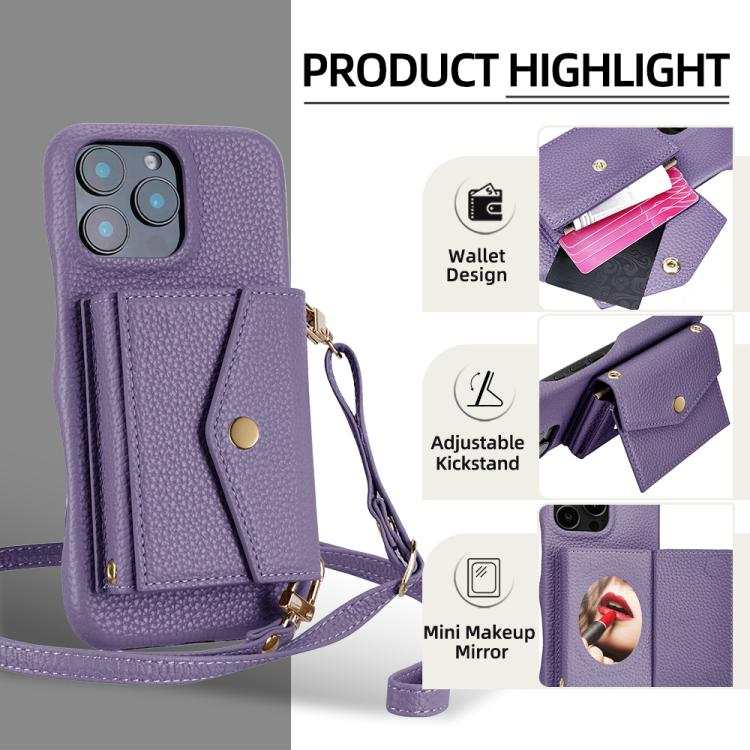 For iPhone 13 Pro Litchi Texture Horizontal Card Bag Holder Phone Case with Long Lanyard(Purple) - iPhone 13 Pro Cases by buy2fix | Online Shopping UK | buy2fix