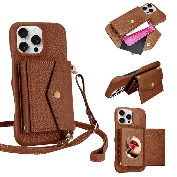 For iPhone 13 Pro Max Litchi Texture Horizontal Card Bag Holder Phone Case with Long Lanyard(Brown) - iPhone 13 Pro Max Cases by buy2fix | Online Shopping UK | buy2fix