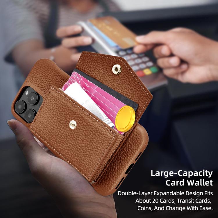 For iPhone 13 Pro Max Litchi Texture Horizontal Card Bag Holder Phone Case with Long Lanyard(Brown) - iPhone 13 Pro Max Cases by buy2fix | Online Shopping UK | buy2fix