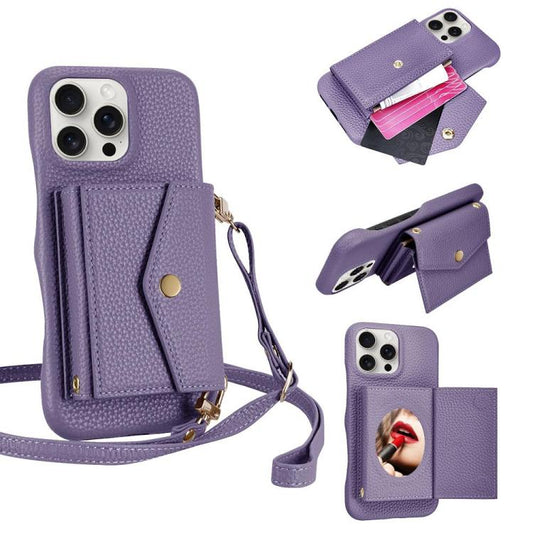 For iPhone 12 Pro Max Litchi Texture Horizontal Card Bag Holder Phone Case with Long Lanyard(Purple) - iPhone 12 Pro Max Cases by buy2fix | Online Shopping UK | buy2fix