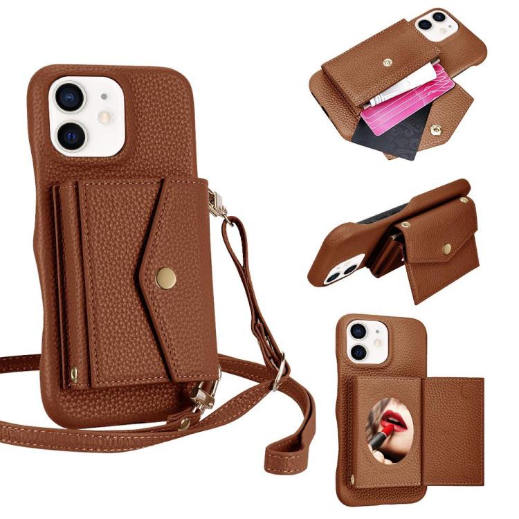For iPhone 12 / 12 Pro Litchi Texture Horizontal Card Bag Holder Phone Case with Long Lanyard(Brown) - iPhone 12 / 12 Pro Cases by buy2fix | Online Shopping UK | buy2fix