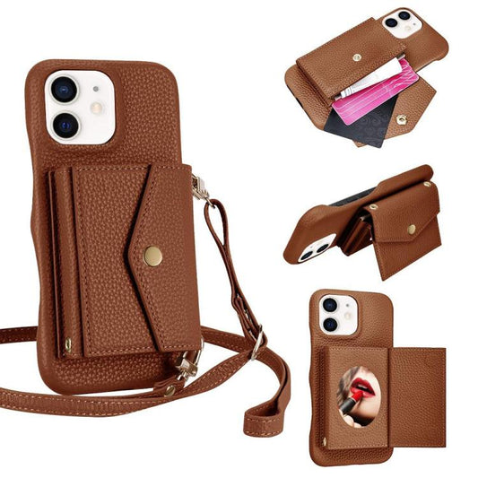 For iPhone 12 / 12 Pro Litchi Texture Horizontal Card Bag Holder Phone Case with Long Lanyard(Brown) - iPhone 12 / 12 Pro Cases by buy2fix | Online Shopping UK | buy2fix