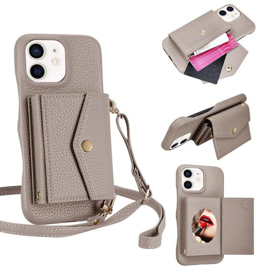 For iPhone 12 / 12 Pro Litchi Texture Horizontal Card Bag Holder Phone Case with Long Lanyard(Grey) - iPhone 12 / 12 Pro Cases by buy2fix | Online Shopping UK | buy2fix