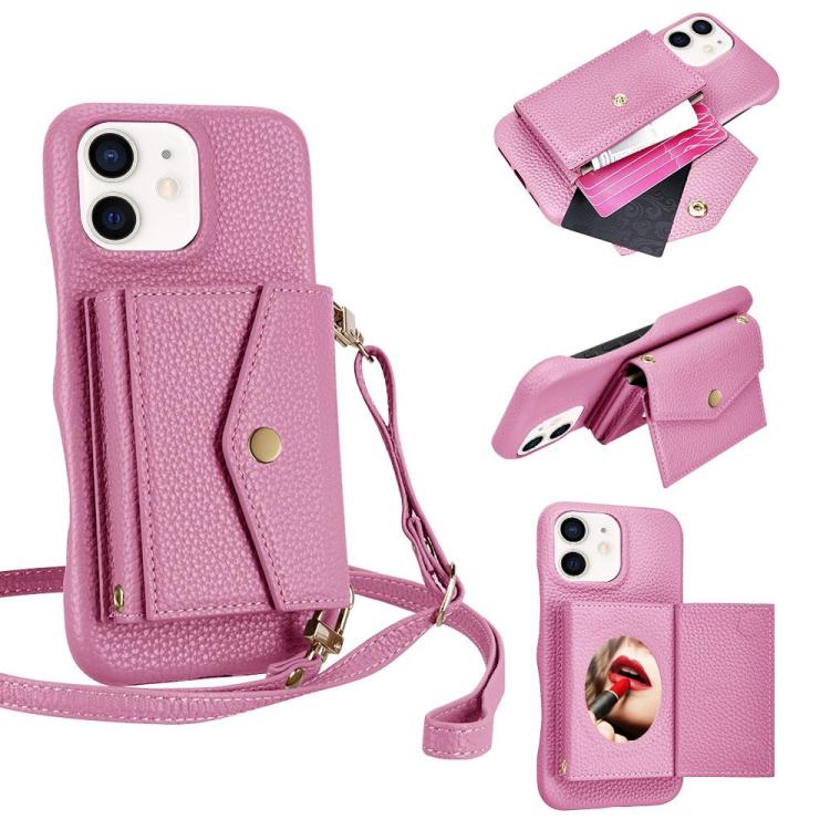 For iPhone 12 / 12 Pro Litchi Texture Horizontal Card Bag Holder Phone Case with Long Lanyard(Pink) - iPhone 12 / 12 Pro Cases by buy2fix | Online Shopping UK | buy2fix