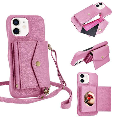 For iPhone 12 / 12 Pro Litchi Texture Horizontal Card Bag Holder Phone Case with Long Lanyard(Pink) - iPhone 12 / 12 Pro Cases by buy2fix | Online Shopping UK | buy2fix