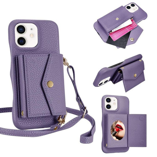For iPhone 12 / 12 Pro Litchi Texture Horizontal Card Bag Holder Phone Case with Long Lanyard(Purple) - iPhone 12 / 12 Pro Cases by buy2fix | Online Shopping UK | buy2fix