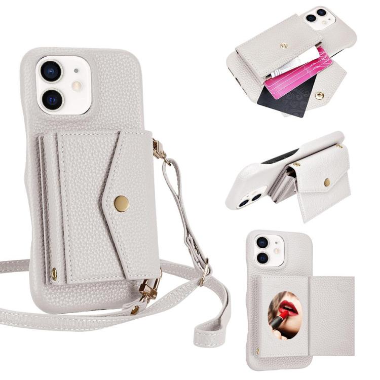 For iPhone 12 / 12 Pro Litchi Texture Horizontal Card Bag Holder Phone Case with Long Lanyard(White) - iPhone 12 / 12 Pro Cases by buy2fix | Online Shopping UK | buy2fix