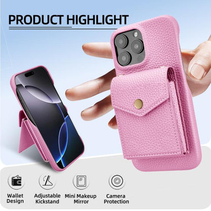 For iPhone 16 Pro Litchi Texture Vertical Card Bag Holder Phone Case with Long Lanyard(Pink) - iPhone 16 Pro Cases by buy2fix | Online Shopping UK | buy2fix