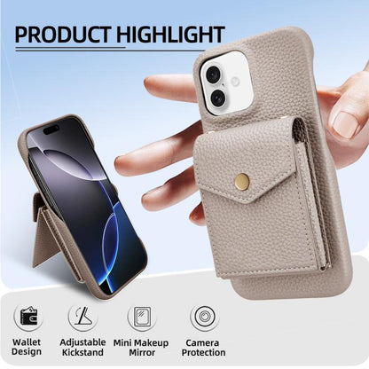 For iPhone 16 Plus Litchi Texture Vertical Card Bag Holder Phone Case with Long Lanyard(Grey) - iPhone 16 Plus Cases by buy2fix | Online Shopping UK | buy2fix