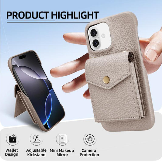 For iPhone 16 Plus Litchi Texture Vertical Card Bag Holder Phone Case with Long Lanyard(Grey) - iPhone 16 Plus Cases by buy2fix | Online Shopping UK | buy2fix