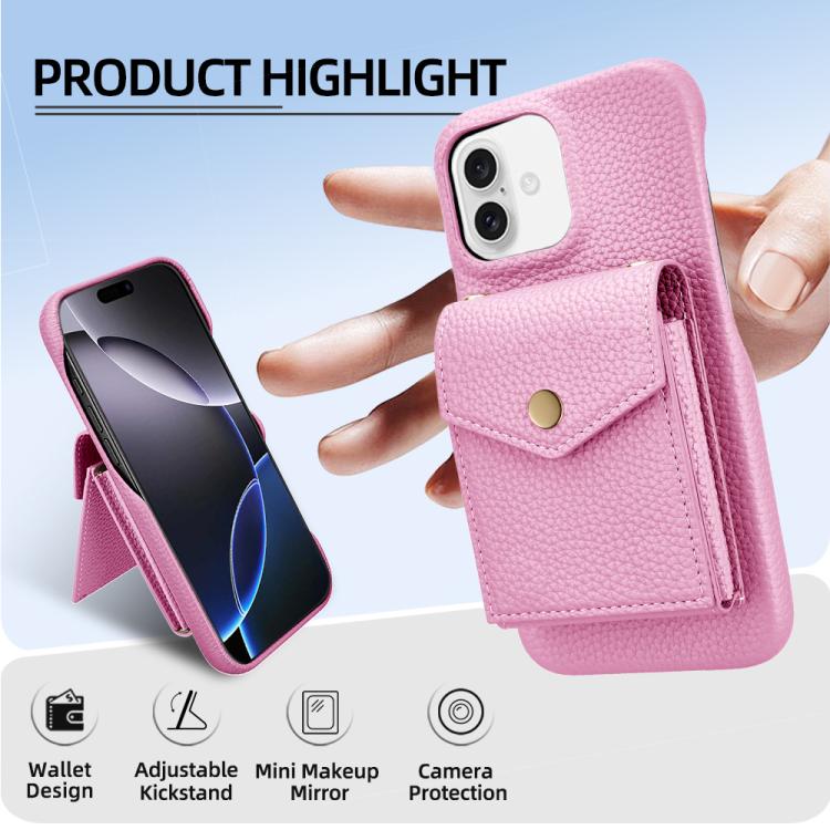 For iPhone 16 Plus Litchi Texture Vertical Card Bag Holder Phone Case with Long Lanyard(Pink) - iPhone 16 Plus Cases by buy2fix | Online Shopping UK | buy2fix