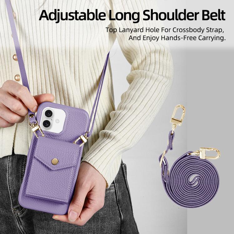 For iPhone 16 Plus Litchi Texture Vertical Card Bag Holder Phone Case with Long Lanyard(Purple) - iPhone 16 Plus Cases by buy2fix | Online Shopping UK | buy2fix