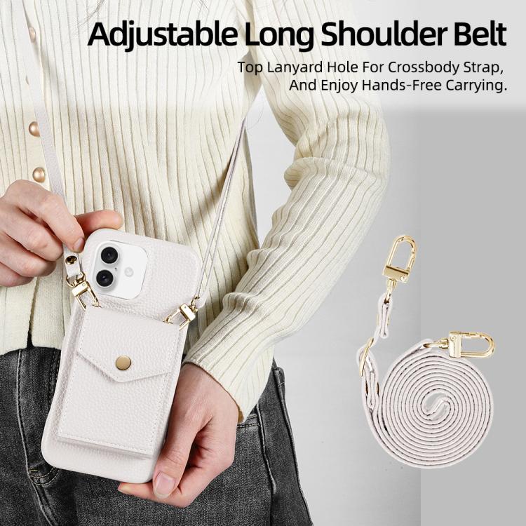 For iPhone 16 Plus Litchi Texture Vertical Card Bag Holder Phone Case with Long Lanyard(White) - iPhone 16 Plus Cases by buy2fix | Online Shopping UK | buy2fix