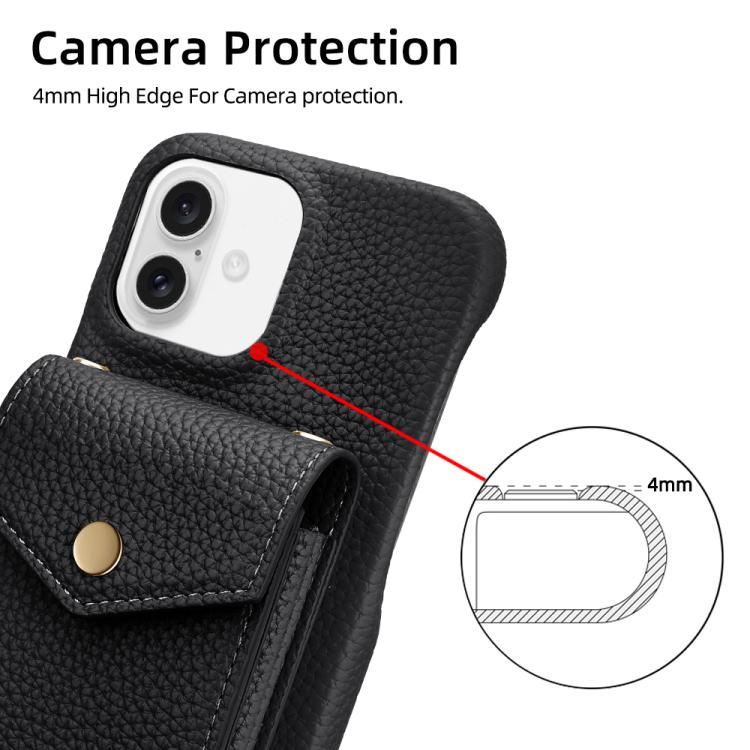 For iPhone 16 Litchi Texture Vertical Card Bag Holder Phone Case with Long Lanyard(Black) - iPhone 16 Cases by buy2fix | Online Shopping UK | buy2fix