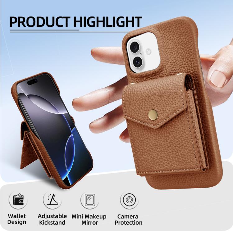 For iPhone 16 Litchi Texture Vertical Card Bag Holder Phone Case with Long Lanyard(Brown) - iPhone 16 Cases by buy2fix | Online Shopping UK | buy2fix