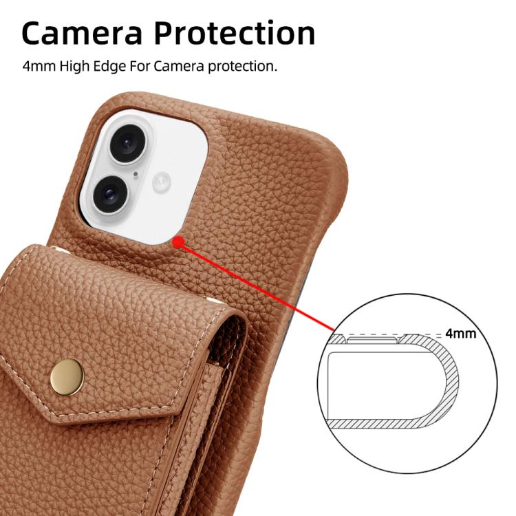 For iPhone 16 Litchi Texture Vertical Card Bag Holder Phone Case with Long Lanyard(Brown) - iPhone 16 Cases by buy2fix | Online Shopping UK | buy2fix