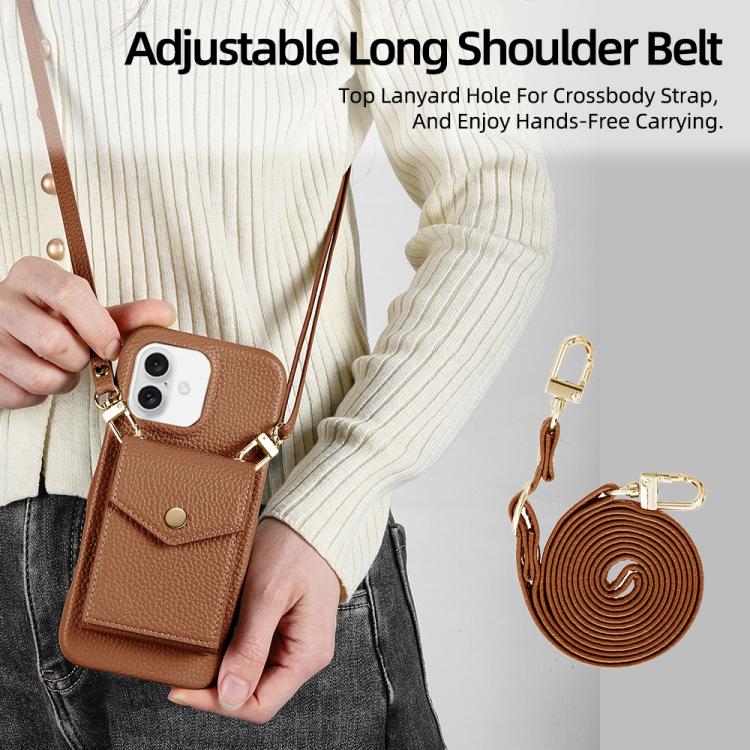 For iPhone 16 Litchi Texture Vertical Card Bag Holder Phone Case with Long Lanyard(Brown) - iPhone 16 Cases by buy2fix | Online Shopping UK | buy2fix