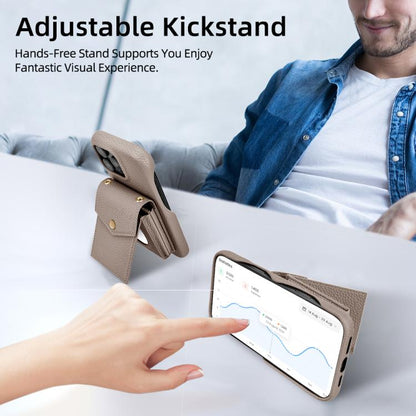 For iPhone 16 Litchi Texture Vertical Card Bag Holder Phone Case with Long Lanyard(Grey) - iPhone 16 Cases by buy2fix | Online Shopping UK | buy2fix