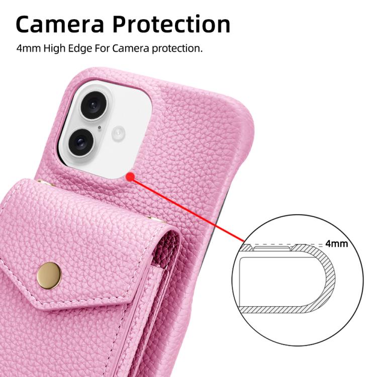For iPhone 16 Litchi Texture Vertical Card Bag Holder Phone Case with Long Lanyard(Pink) - iPhone 16 Cases by buy2fix | Online Shopping UK | buy2fix