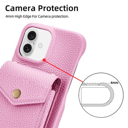 For iPhone 16 Litchi Texture Vertical Card Bag Holder Phone Case with Long Lanyard(Pink) - iPhone 16 Cases by buy2fix | Online Shopping UK | buy2fix